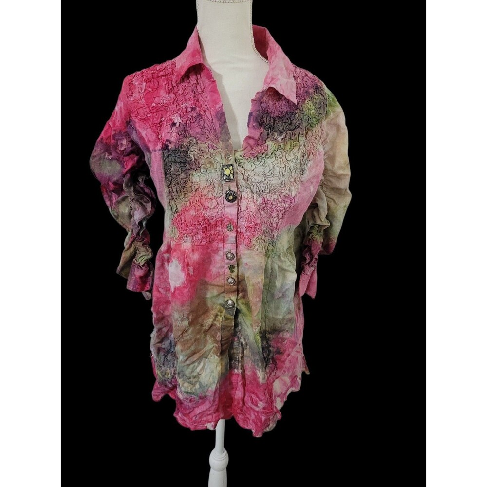 Unique Ren Faire Fairy Grunge Art Button Blouse Cotton Crinkle Texture Large